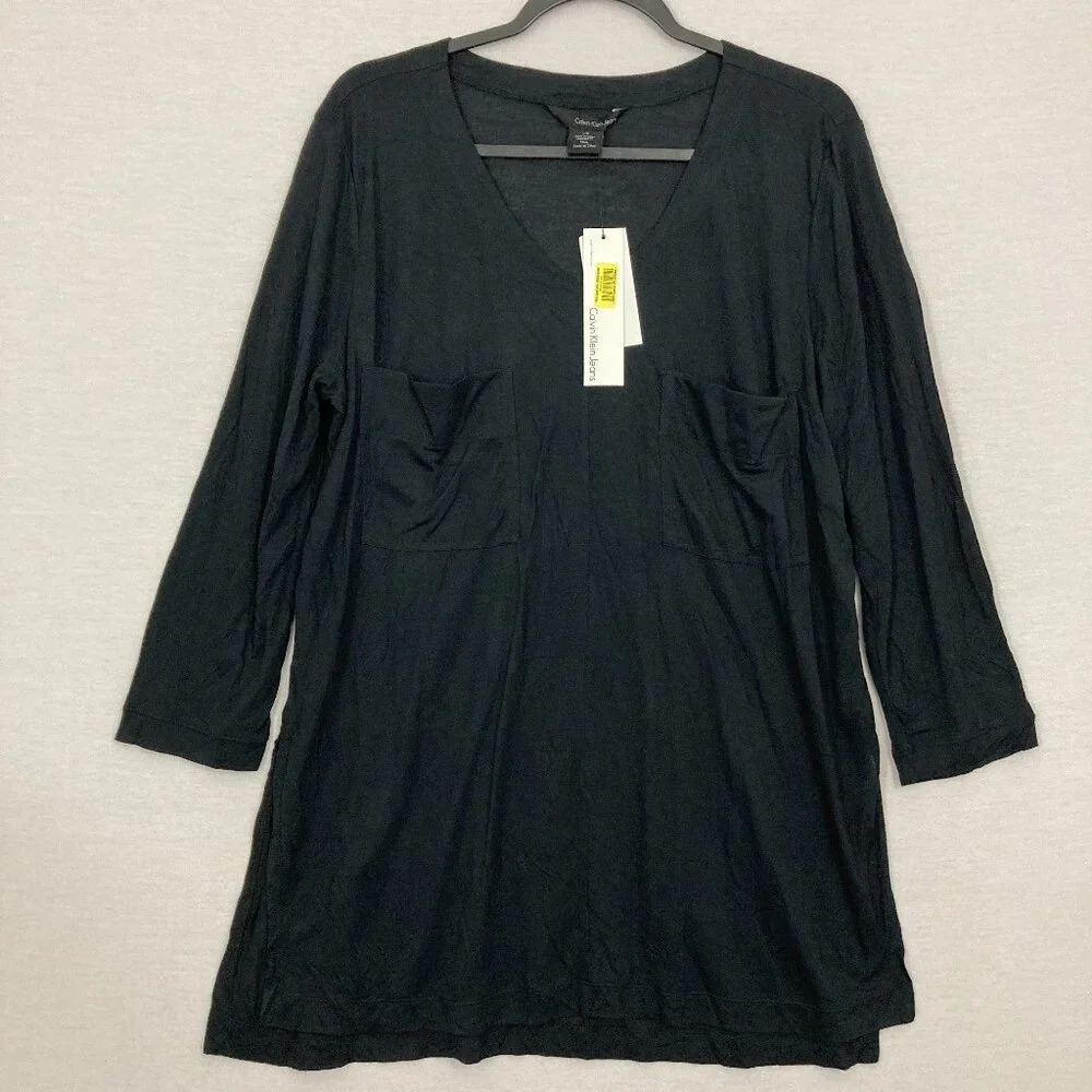 New Calvin Klein Black V Neck Ultra Soft Lightweight Side Slit Tunic Large